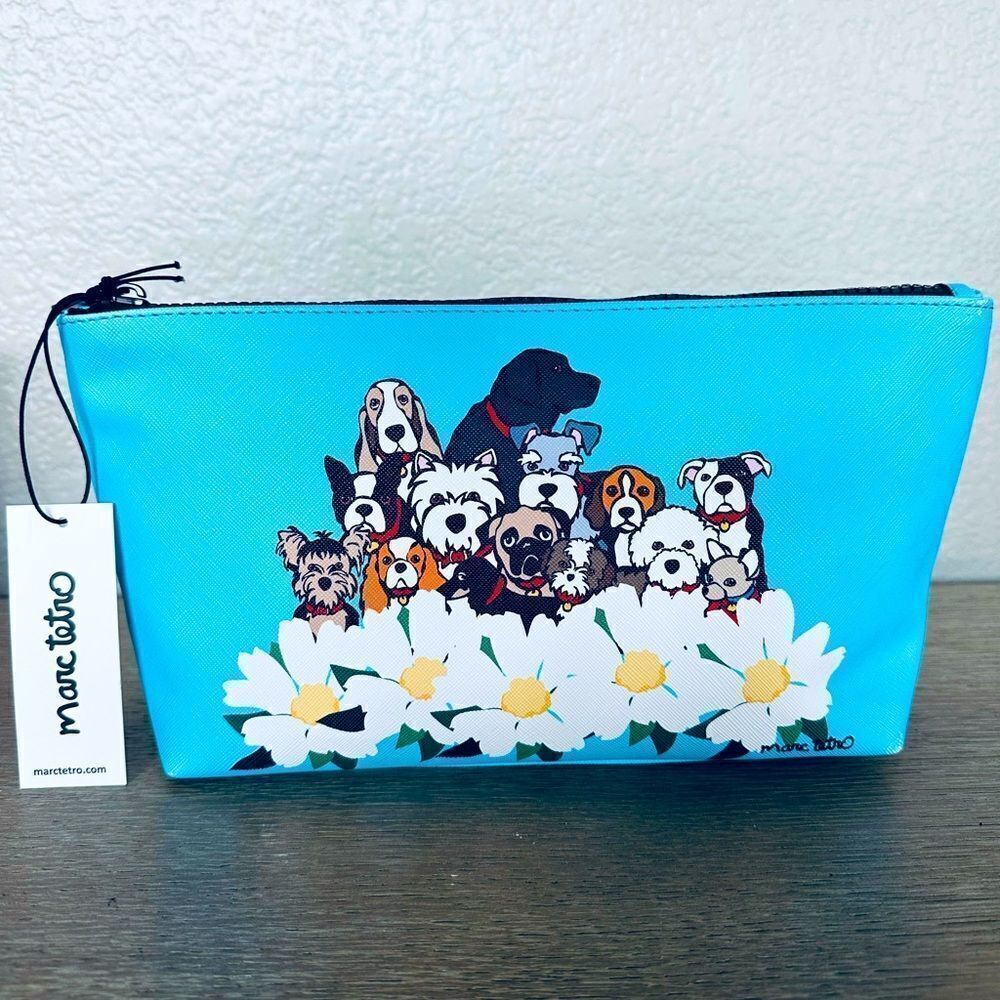 Marc Tetro Floral Dogs Blue Makeup Bag Travel Zipper Pouch